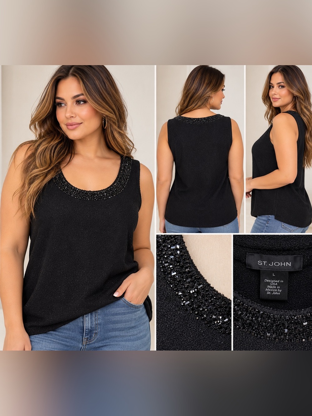 St. John Black Embellished Beaded Sleeveless Knit Top Size L NWT
